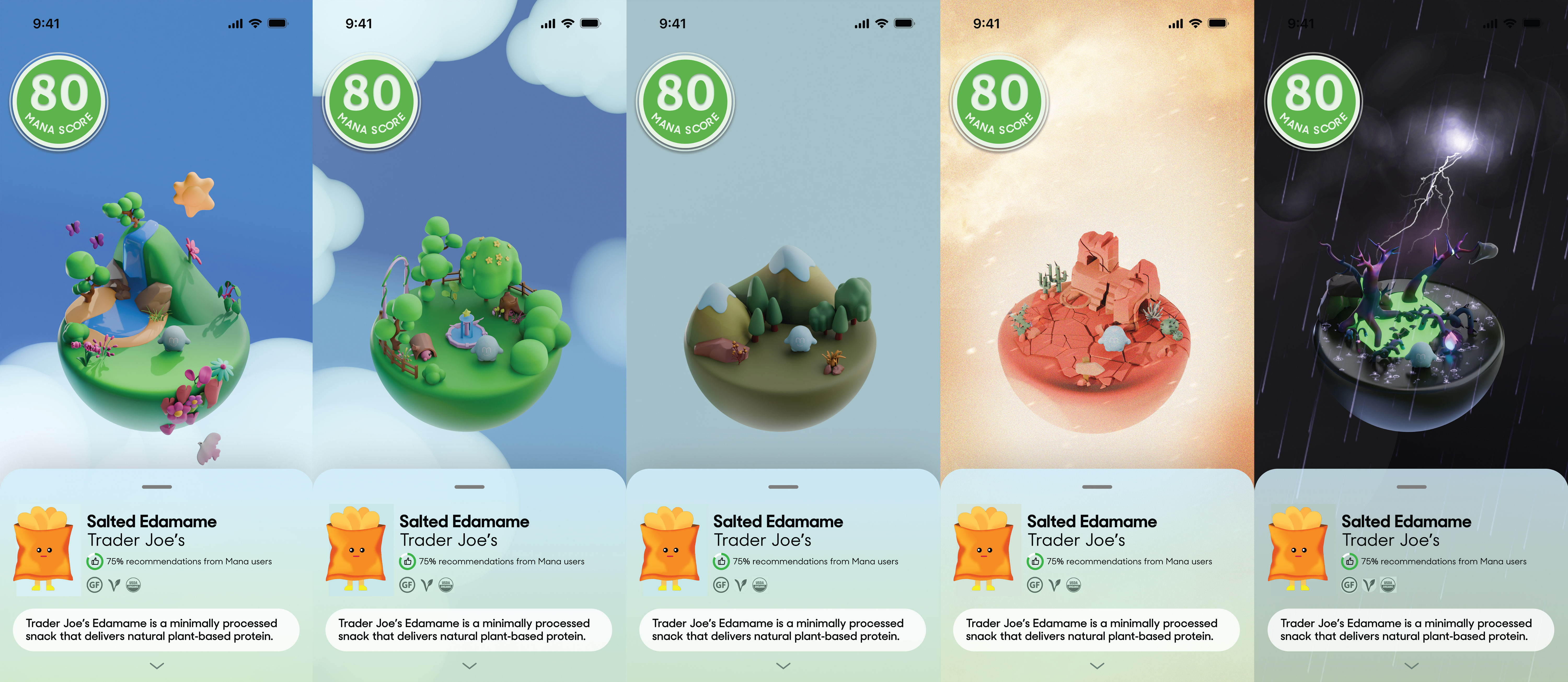 Five Mana worlds: Harmony Heights, Lush Garden, Neutral Valley, Scorched Desert, and Toxic Storm